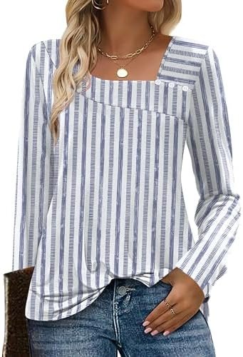 OFEEFAN Long Sleeve Shirts for Women Fall Clothes Asymmetric Square Neck Tunic Tops Decorative Buttons