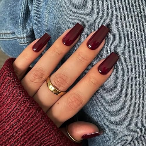 KQueenest Marron Red Press on Nails Long Medium Square, Burgundy Red Fake Nails Medium Coffin, Glossy Sheer Color Acrylic Nails Press ons, Reusable Dark Soft Gel Glue on Nails for Women Fall Winter