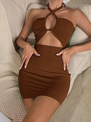 EUPLI Women's Dress Halterneck Tied Backless Cut-Out Bodycon Dress Women's Dress AIEBO(Coffee Brown,Medium)