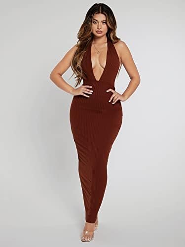 RASNEY Women's Dress Plunging Neck Open Back Bodycon Halter Dress Dress IPADSA(Red Violet,X-Small)