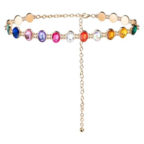 Rainbow Rhinestone Waist Chain Belt for Women – Y2K Festival Chain Belt for Dresses, Jeans, and Party Looks(Gold,RoundShape)