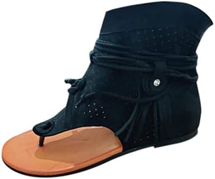 Tassel Sandals for Women, Retro Bohemian Gladiator Fringe Casual Shoes Flat Clip Toe Ankle Boots Beach Sandals T-Strap Roman Open-Toe Sandals
