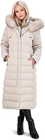 TAHARI Nellie Womens Removable Faux Fur Trim Long Down Coat Jacket Ivory Size S