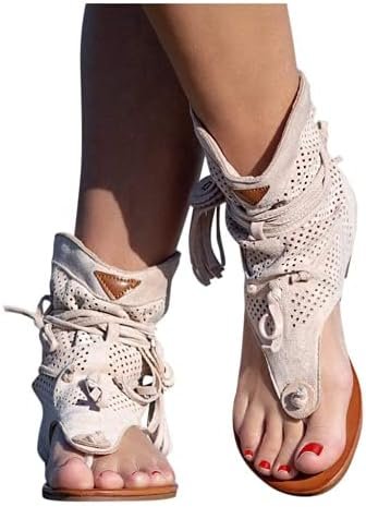 Tassel Sandals for Women, Retro Bohemian Gladiator Fringe Casual Shoes Flat Clip Toe Ankle Boots Beach Sandals T-Strap Roman Open-Toe Sandals