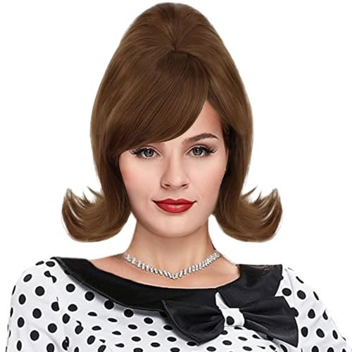 Brown Beehive Wig 50s Flip Auburn Wig with Retro Bangs 60s Women for Halloween Costume Party (Red Brown)