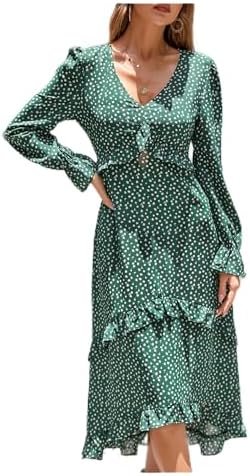XX-Large Women's Casual Sleeve V Neck Floral Print Ruffle Midi Fall Flowy Long Dress, Dark Green
