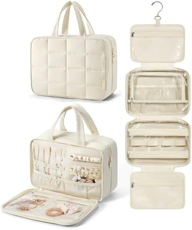 BAGSMART Travel Toiletry Bag with Jewelry Organizer, Hanging Travel Bag for Toiletries, Puffy Makeup Cosmetic Bag Organizer, Carry-on Travel Accessories Essentials, Beige-M