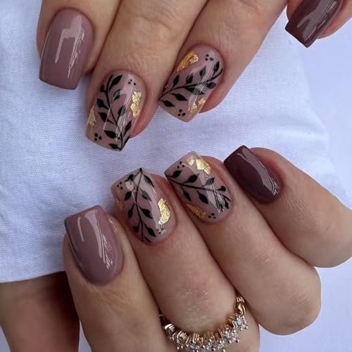 24Pcs Fall Leaf Press on Nails Short Square Fake Nail with Gold Foil Design Brown Autumn False Nail Gradient Glue on Nails Full Cover Stick on Nail Acrylic Nails for Women Girls
