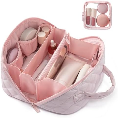 LOVEVOOK Travel Makeup Bag for Women, 2Pcs Puffer Waterproof Cosmetic Organizer, Large Capacity Pouch Open Flat Small Toiletry Bag with Brush Compartment & Handle (Pink, Medium)