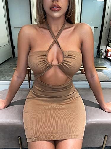 EUPLI Women's Dress Halterneck Tied Backless Cut-Out Bodycon Dress Women's Dress AIEBO(Brown,Small)