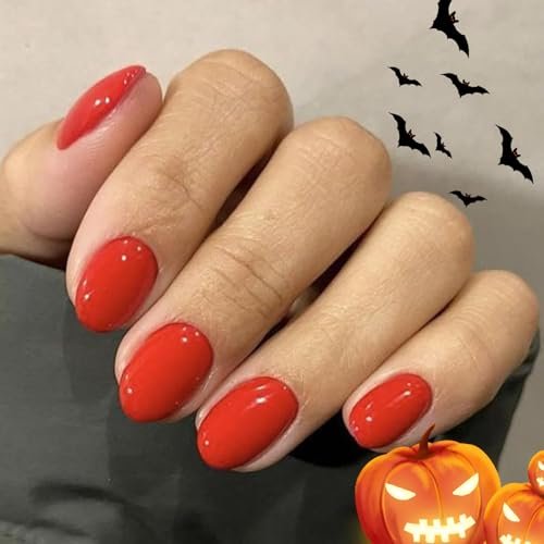 modelones Red Short Press on Nails Oval Fake Nails with Nail Glue, Adhesive Tabs, Nail File, Prep Pad, Manicure Stick, 32Pcs 16 Sizes, Fall Halloween