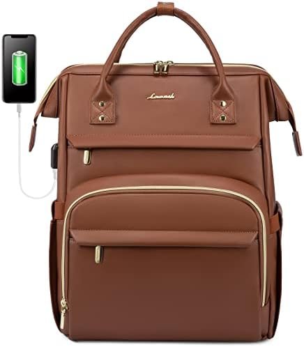 LOVEVOOK Leather Laptop Backpack for Women 15.6 inch,Travel Purse Nurse Teacher Carry On Backpack Computer Bag,Professional College Business Work Bags with USB Port,Brown