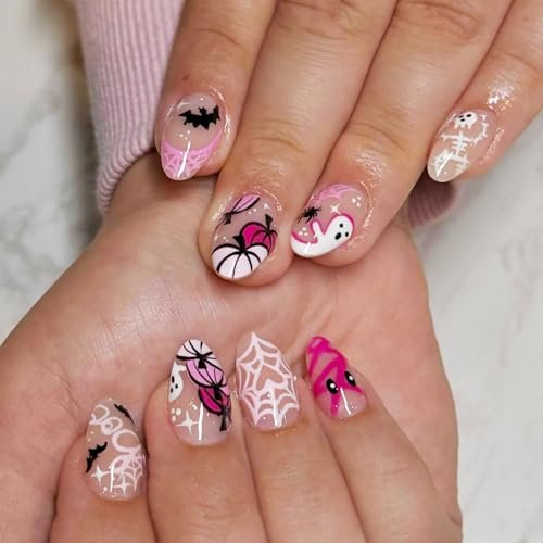 24Pcs Halloween Press on Nails Short Almond Fake Nails with Mummy Skeleton Spider Ghost Bat Pumpkin Designs Fall False Nail Cute Acrylic Nail Full Cover Glue on Nails for Women Nail Decoration