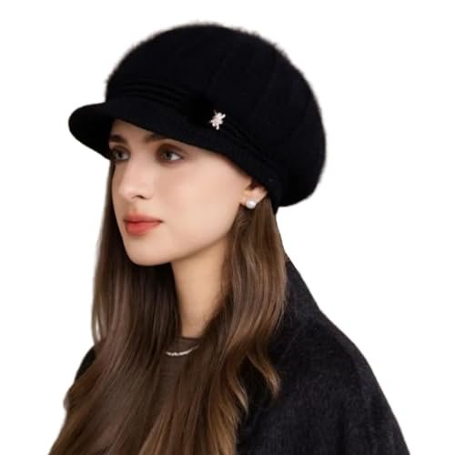 Women's Brimmed Winter hat, Warm Knitted wrap caps, Ladies Trendy Beanie,Fedora (Black)