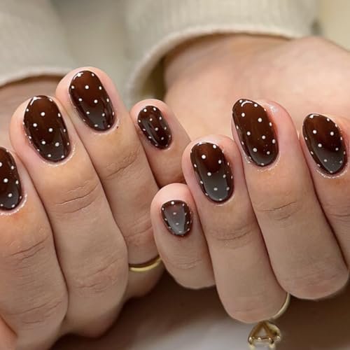 Brown Press on Nails Polka Dots Fake Nails Short Oval Fall Nails Press ons with Design Full Cover Stick on Nails for Women Manicure,Reusable | Artificial | Nail Sticky Tabs | Easy Apply | 24 Pcs