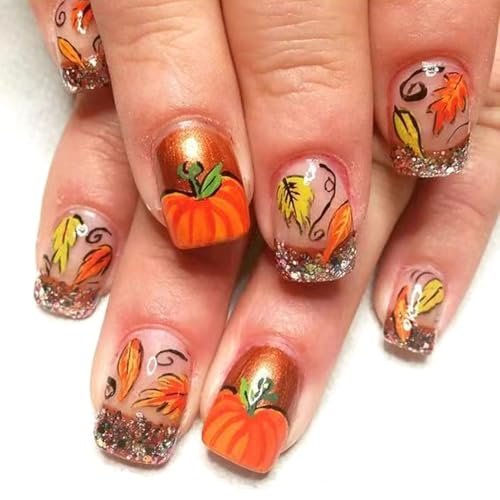 24 Pcs Fall Press on Nails Short Square Fake Nails with Orange Glitter French Tip Design Maple Leaf Pumpkin False Nails Thanksgiving Full Cover Autumn Artificial Glue on Nails for Women DIY