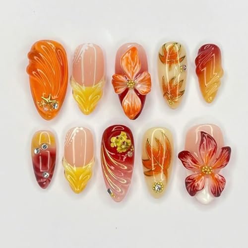 24Pcs Fall Press on Nails Medium Almond Fake Nails with 3D Gold Beads Designs French Tip Glue on Nail Autumn Floral & Leaf False Nail Orange Yellow Thanksgiving Handmade Acrylic Nails for Women