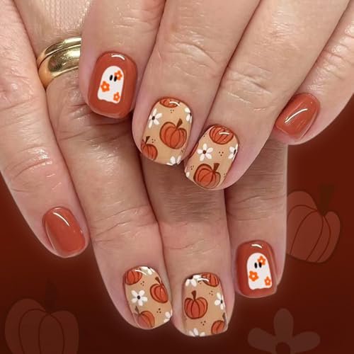 Halloween Press on Nails Short Square Fake Nails Fall False Nails with Pumpkin Ghost Design Glue on Nails Brown Glossy Stick on Nails Cute Nails Press Ons for Women 24Pcs