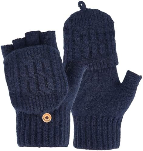 1 Pair Warm Mittens with Finger Flap Cover Dark Blue Winter Wool Flip Top Knit Fingerless Soft Insulation Thermal Thumb Hole Gloves Bulk for Women Men Typing Texting Outings Activity Driving