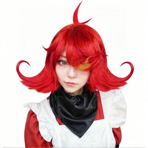 ANOGOL Hair Cap+Nifty Wig for Women Cosplay Nifty Costume Short Flip End Red Wig for Cosplay Red and Yellow Wig Medium Length with Bangs Anime Outfit for Halloween Party Costume Wigs