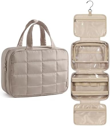 BAGSMART Travel Toiletry Bag for Womne, Hanging Travel Bag for Toiletries, Puffy Makeup Cosmetic Bag Organizer, Carry-on Travel Accessories Essentials, Camel