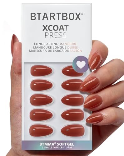 BTArtbox Press On Nails Short - Lamp-Curable Almond Press On Nails with Glue for Women, Semi-Transparent Soft Gel Glue On Nails in 16 Sizes - 32 Stick On Nails Kit, Spill Tea