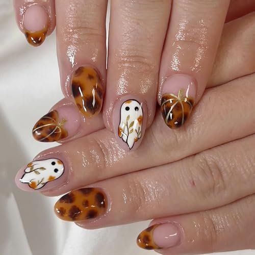 24Pcs Halloween Press on Nails Medium Almond Fake Nails Cute Ghost False Nails Leopard Print Full Cover Glue on Nail Fall Pumpkin Acrylic Nails French Tip Press ons for Women Halloween Manicure