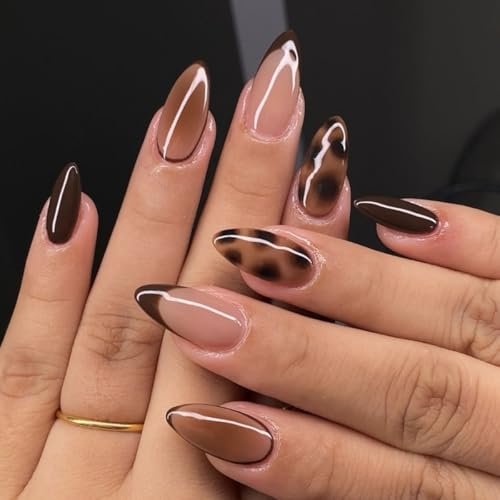 Fall Press on Nails - Medium Almond Fake Nails, Brown Leopard Print French False Nails Tips - Gradient Designs, Full Cover Acrylic Glossy Glue on Nails for Women Girls 24Pcs