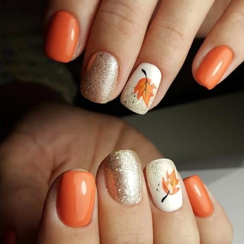 24Pcs Fall Press on Nails Short,Orange Square Fake Nails,Cute Maple Leaf Designs False Nails | Glossy Acrylic Nail with Glitter,Stick on Nails for Women | Autumn Thanksgiving Nail Art Decor
