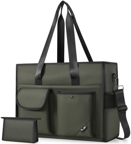 Tote Bag, Work Bags for Women with 15 Pockets, Large Tote Bag with Zipper for Teacher Nurse, Laptop Handbags for Women, Carry on Bag, Dark Green