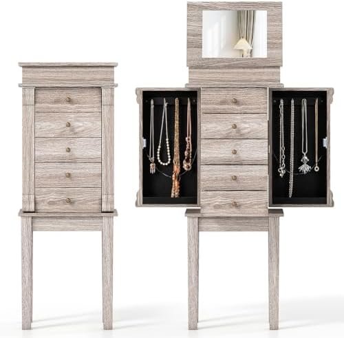 LOKO Standing Jewelry Cabinet, Jewelry Organizer Box With 5 Drawers, 2 Side Doors & Flip Top Mirror, Jewelry Armoire Chest for Necklace, Earring, Space-Saving Design, for Women (Light Gray Oak)