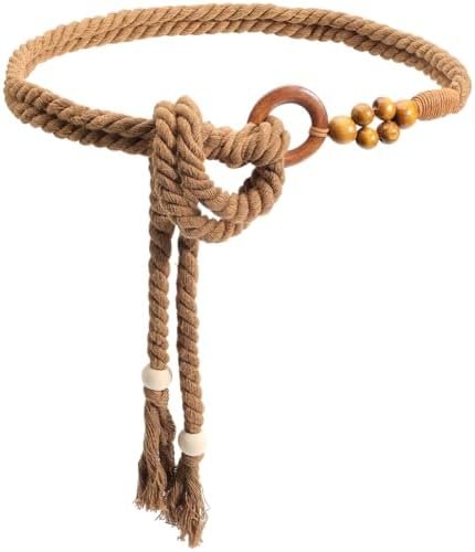 CRASPIRE Bohemian Woven Belt Boho Women Belt Brown Handmade Tassel Cotton Weaving Knotted Macrame Braided Bead Ring Apparel Decorative Long Waist Wrap Skinny Chain for Women Lady Dress Cloth Skirt