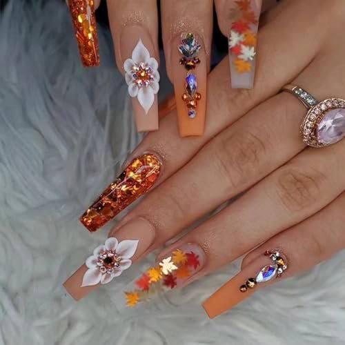 Fall Press on Nails Long Coffin Fake Nails Thanksgiving False Nails with Design Maple Leaves & Rhinestones Glue on Nails Orange Glitter Gradient Autumn Design Stick on Nail for Women Manicure 24Pcs