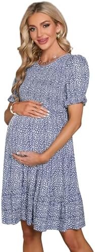 Women's Short-Sleeved Round Neck Cut Bubble Dress - Stylish Maternity Outfit, Comfortable Fit.