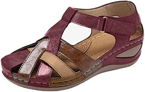 LUWAY Sandals for Women Summer Closed Toe Wedges Ankle Strap Hook and Loop Gladiator Flat Sandals Causal Summer Shoes Outdoor Beach Athletic Sandals,Red,US7.5/EU39