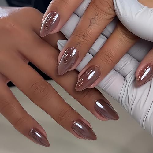 Brown Press On Nails Almond - KQueenest Chrome Press On Nails Medium, Sparkle Gel Fake Nails Press on with Mirror Effect, Glitter Glue on Nails Medium, Reusable Stick On Nails for Women Fall Winter