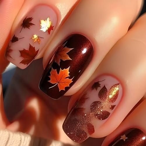 Fall Press on Nails Thanksgiving Glitter Maple Leaves Fake Nails Vintage Autumn Maple Leaf Glue on Nail Glossy Medium Square Acrylic Stick on Nail for Women DIY Manicure
