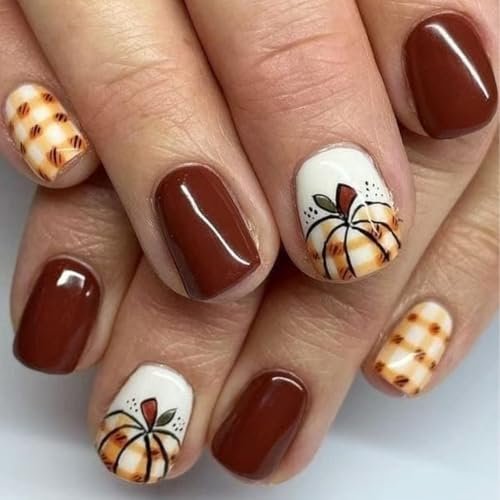 24Pcs Thanksgiving Fall Press on Nails Short Almond Fake Nails Plaid Pumpkin Designs Autumn Brown Glue on Nails Full Cover Artificial Reusable Glossy Stick on Acrylic Nail for Women Manicure
