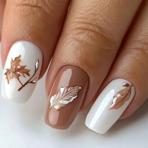 Fall Maple Leaf Press on Nails Medium Square Thanksgiving Fake Nails Glossy Maple Leaves Acrylic Glue on Nail Autumn Artificial Stick on Nail for Women