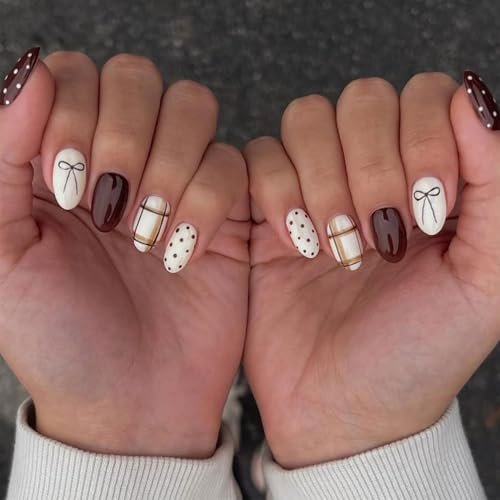Fall Press on Nails Short Almond Fake Nails French Acrylic Nail Brown Nails Press Ons with Cute Dot and Bow Designs Autumn and Winter Full Cover False Nails for Women Girls Nail Decor 24 Pcs