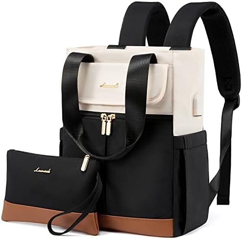 LOVEVOOK Backpack Purse for Women, Convertible Mini Backpacks Tote for Teen Girls, Small College Bookbag for Work, School, Travel, 2pcs set, Black-Cream