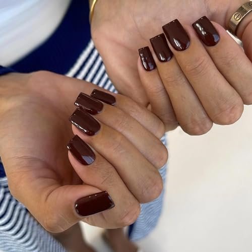 KQueenest Dark Brown Fall Press on Nails Short Medium Square Glue on Nails Set Solid Color Fake Nails Short Coffin Acrylic Nails Press on Gel Nails for Women Reusable False Nails in 24 Pcs