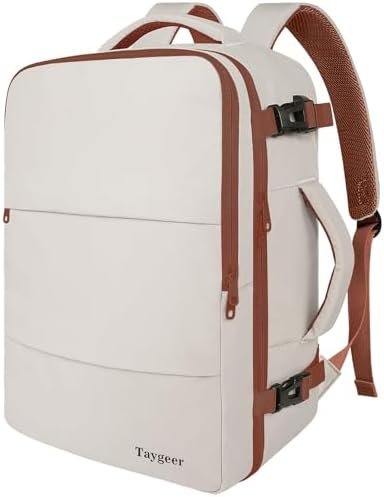 Taygeer Backpack for Women, College Backpack with Laptop Compartment & Shoe Pouch, 35l Travel Laptop Mochila Carry On Luggage, Airline Approved Personal Item Bag For Weekender Gym Hiking, Khaki White