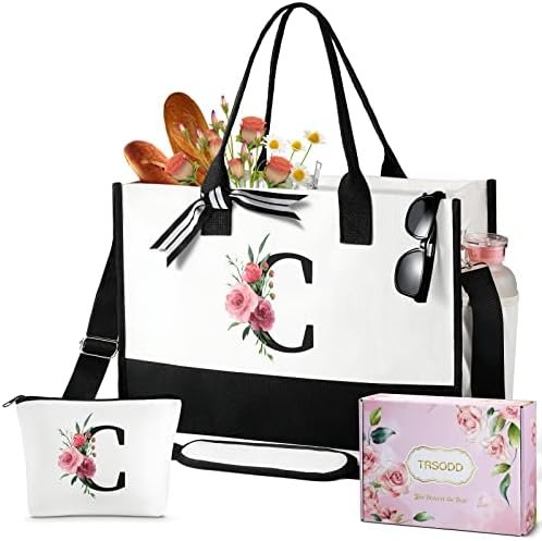 TRSODD Birthday Gifts for Women Mothers Day Gifts for Mom Wife Grandma Daughter Sister Teacher Appreciation Initial Tote Bag with Adjustable Shoulder Strap and Makeup Bag C