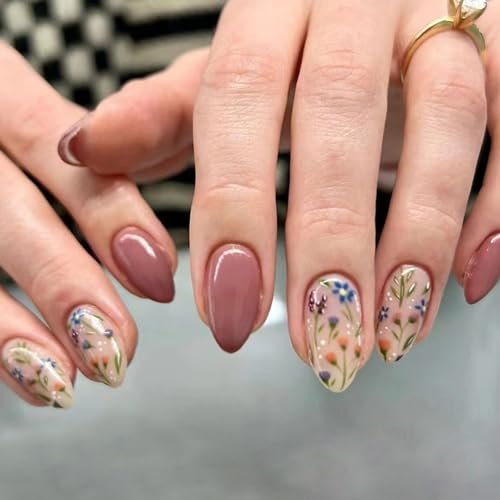 Short Press on Nails Almond Fake Nails Flower Acrylic Nails Fall Nails Press ons Full Cover Glue on Nails Cute False Nails Floral Stick on Nails for Women 30 Pcs, brown