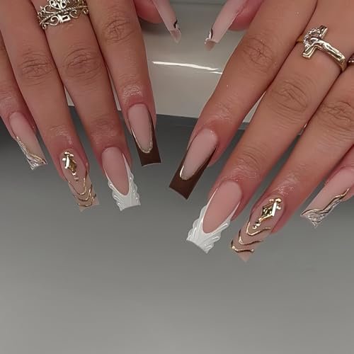 Brown Press on Nails Long Square Fake Nails French Tip False Nails Press ons Fall Stripes Acrylic Nails Matte Full Cover Stick on Nail for Women Manicure Deco 24Pcs