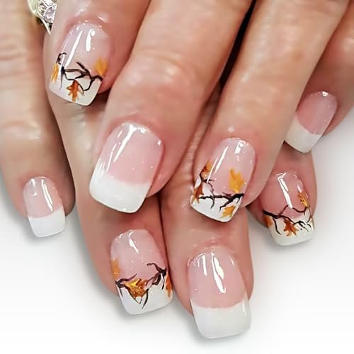 Fall Maple Leaf Press on Nails Thanksgiving White French Tip Fake Nails Medium Square Acrylic Glue on Nail Glossy Autumn Maple Leaves Stick on Nail for Women DIY Manicure