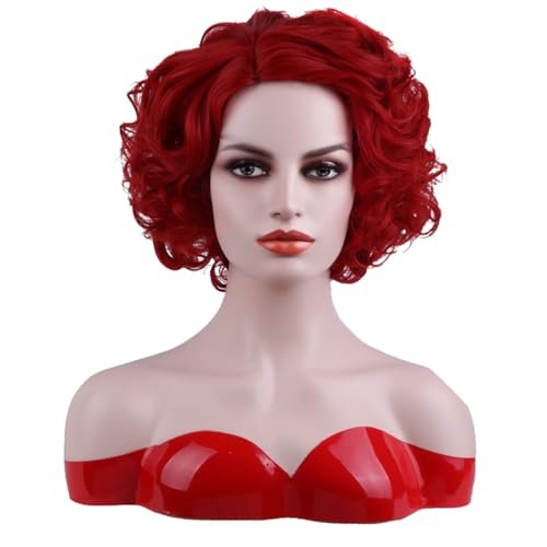 BERON Red Short Curly Wig for Women - Big Wavy 80s Flip Cosplay Costume Party Halloween Synthetic Hair - Natural Mommy Wig With Cap