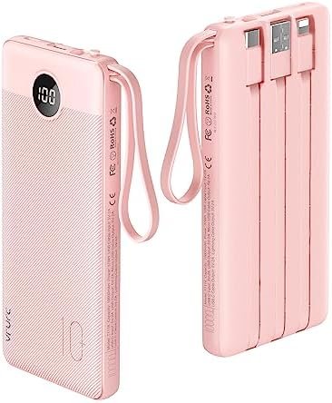 VRURC Portable Charger Power Bank, 10000mAh Travel Essentials Battery Pack, 5 Outputs 2 Inputs Slim Charging Bank Built-in Cables Cords Wires Compatible with iPhone,Samsung,Android-Pink(1 Pack)