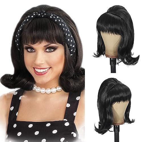Womens Flip Wig 70s Pinup Pelucas 60s Retro Black Beehive Wig Vintage Wig with Bangs for Women Synthetic Hair for Halloween Costume Party
